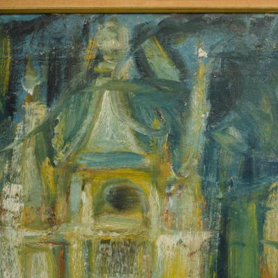 A large oil on masonite painting depicting a city view painting 