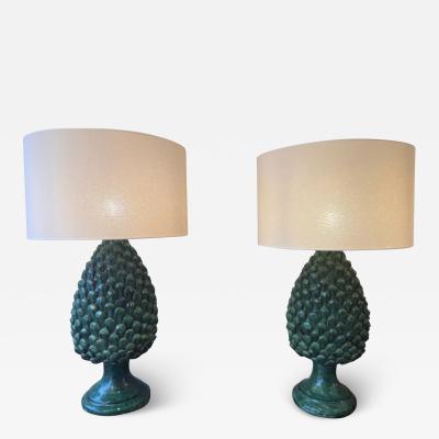 A large pair of glazed ceramic pine cones table lamps