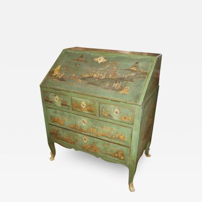 A late 18th Century Chinoiserie Green Lacquer Five Drawer Slant Front Desk