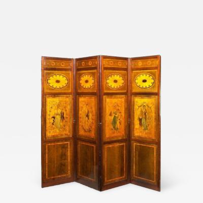 A late victorian inlaid four fold drafts screen attributed to Hicks of Dublin 