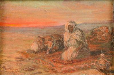 A oil on board painting of Bedouin men on beach in sunset signed indistinctly 
