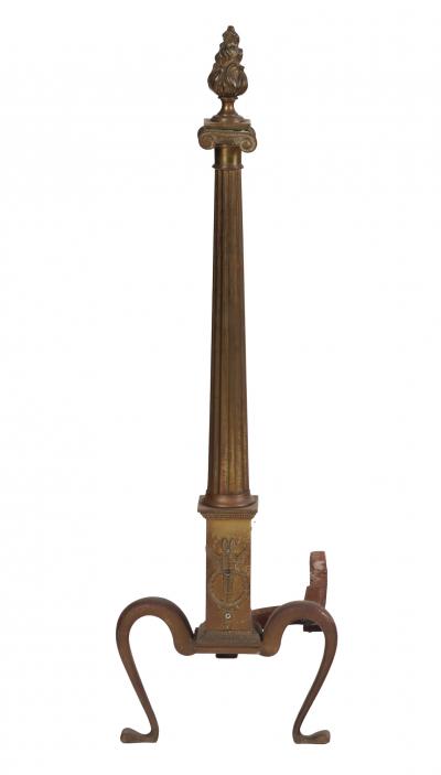 A pair of 20th Century Neoclassical Brass Andirons with Flame Finials