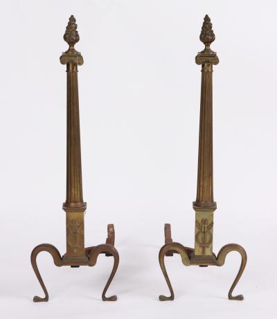 A pair of 20th Century Neoclassical Brass Andirons with Flame Finials