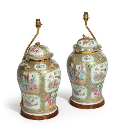 A pair of Chinese Canton Rose Medallion Vases and Covers