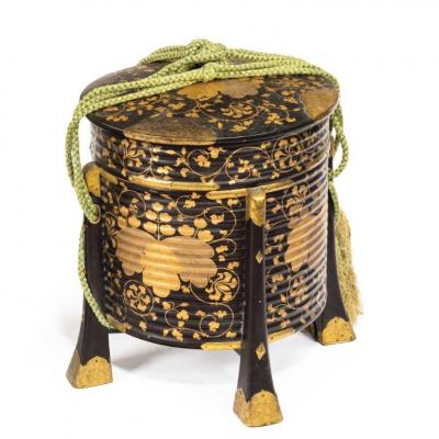 A pair of Edo period black and gold lacquer Samurai helmet boxes