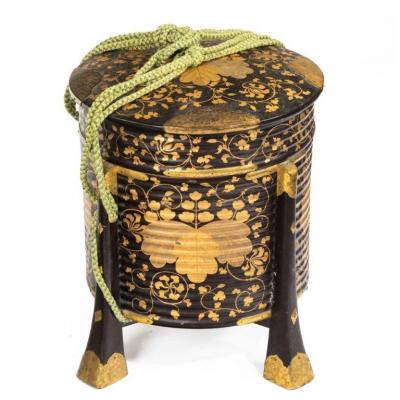 A pair of Edo period black and gold lacquer Samurai helmet boxes