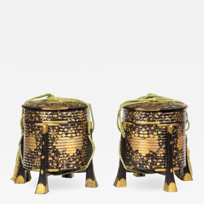 A pair of Edo period black and gold lacquer Samurai helmet boxes