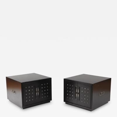 A pair of Industrial style ebonized end tables with silver rivets decoration 