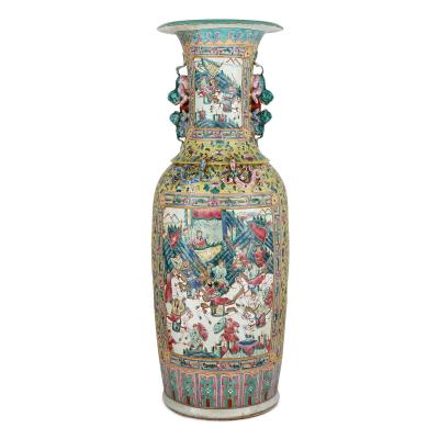 A pair of large Canton style famille jaune porcelain vases