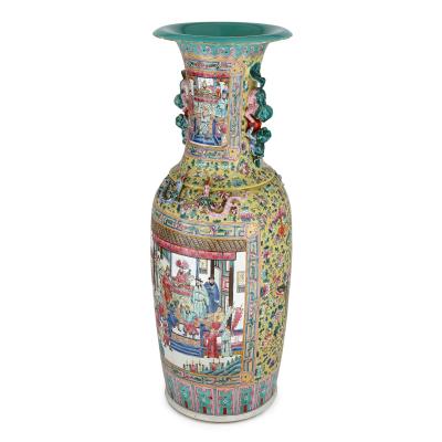 A pair of large Canton style famille jaune porcelain vases