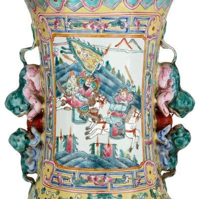 A pair of large Canton style famille jaune porcelain vases