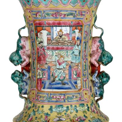 A pair of large Canton style famille jaune porcelain vases