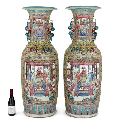 A pair of large Canton style famille jaune porcelain vases