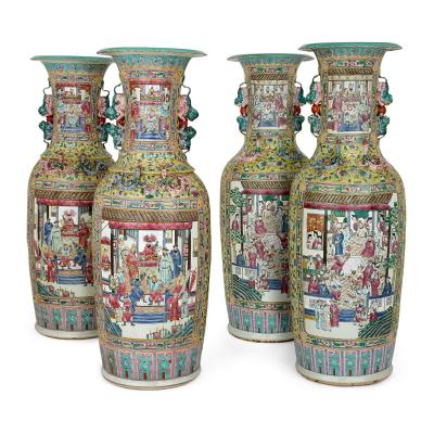 A pair of large Canton style famille jaune porcelain vases