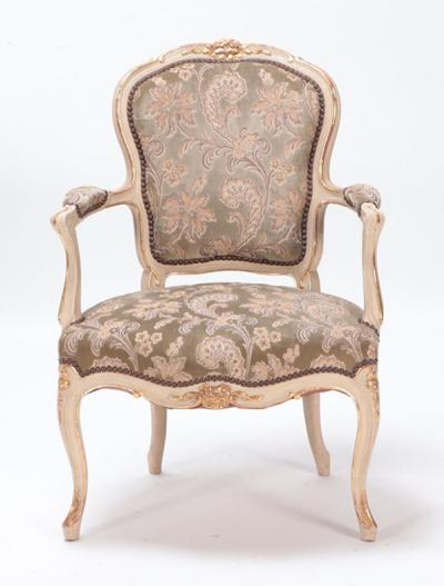 A pair of painted and giltwood French upholstered open armchairs Louis XV style