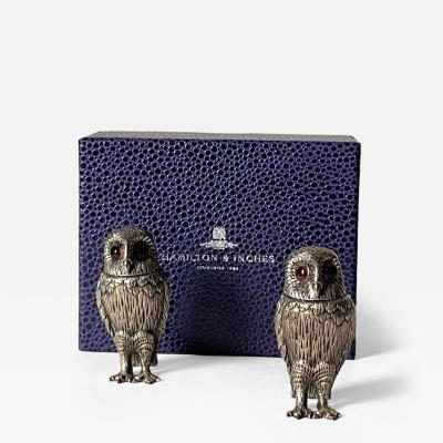 A pair of sterling salt and pepper owl castors with stone eyes