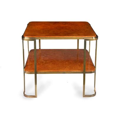 A pair of stylish Art Deco burr amboyna and bronze occasional tables