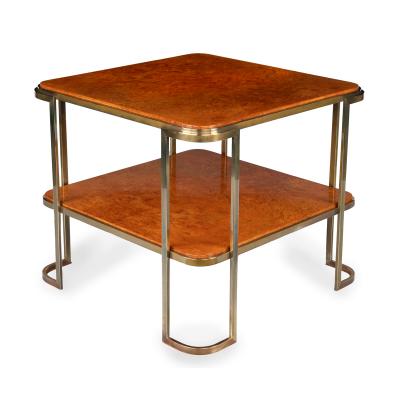 A pair of stylish Art Deco burr amboyna and bronze occasional tables