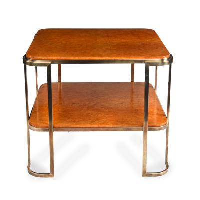 A pair of stylish Art Deco burr amboyna and bronze occasional tables