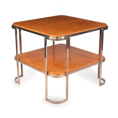 A pair of stylish Art Deco burr amboyna and bronze occasional tables