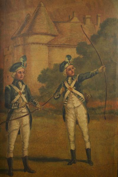 A rare painted leather screen Depicting the Royal Company of Archers
