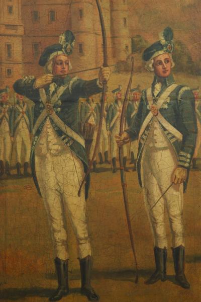 A rare painted leather screen Depicting the Royal Company of Archers
