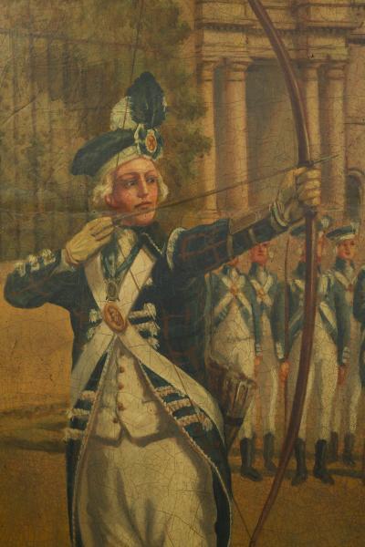 A rare painted leather screen Depicting the Royal Company of Archers