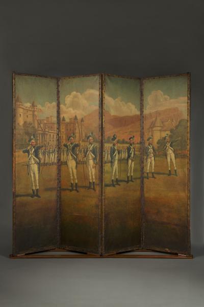 A rare painted leather screen Depicting the Royal Company of Archers