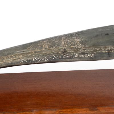 A rare scrimshaw decorated horn Signed and inscribed by the base by C Wood