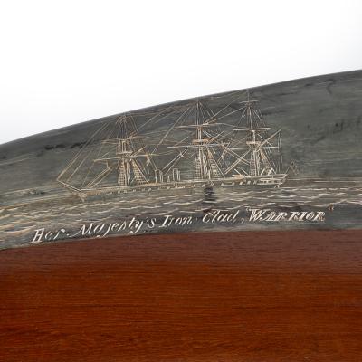 A rare scrimshaw decorated horn Signed and inscribed by the base by C Wood