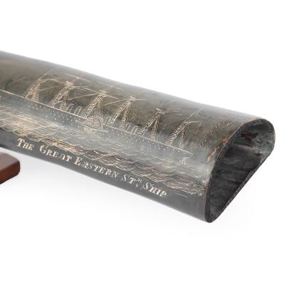 A rare scrimshaw decorated horn Signed and inscribed by the base by C Wood