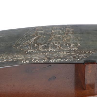 A rare scrimshaw decorated horn Signed and inscribed by the base by C Wood