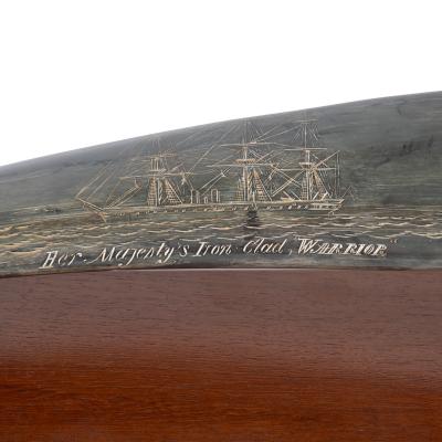 A rare scrimshaw decorated horn Signed and inscribed by the base by C Wood