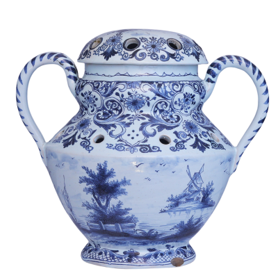 A round blue and white Delftware tulipiere from the 19th century