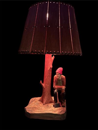 A sculpted Wood Lamp Matching Shade By Paul Caron