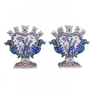 A set of two Dutch Delft tulipieres tulip vases