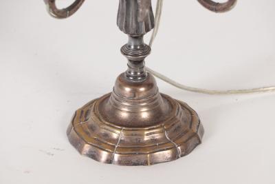 A silver plate Louis XVI style three branch Bouillotte lamp
