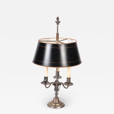 A silver plate Louis XVI style three branch Bouillotte lamp