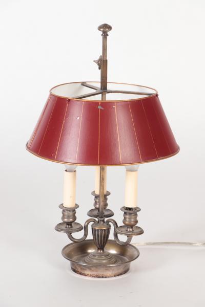 A silver plated bouillotte lamp with tole shade nineteenth century