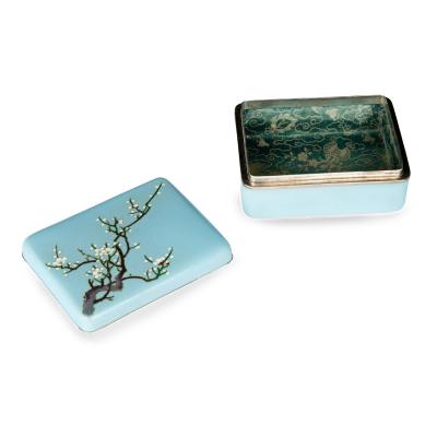 A small Showa period cloisonn box with a single branch of blossom