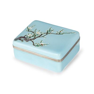 A small Showa period cloisonn box with a single branch of blossom