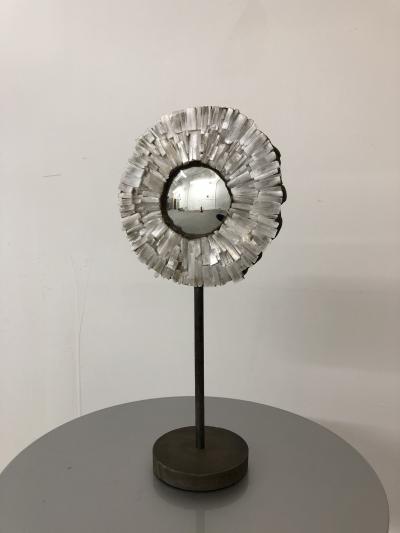 A small gilt iron table top starburst mirror Glass Stones and convex mirror 