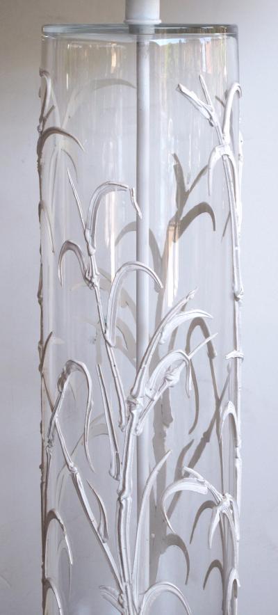 A unique American pair of cylindrical glass lamps with applied bamboo decoration