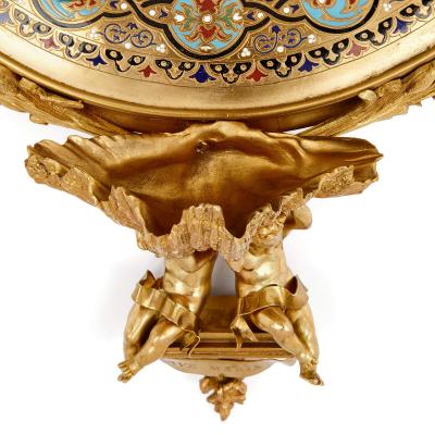 A very fine gilt bronze cloisonn enamel and porcelain holy water stoup