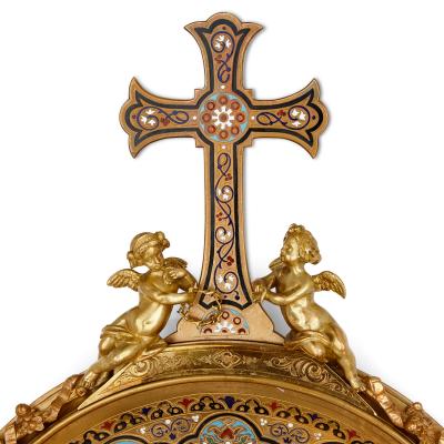 A very fine gilt bronze cloisonn enamel and porcelain holy water stoup