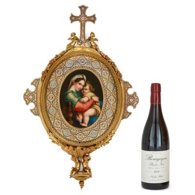 A very fine gilt bronze cloisonn enamel and porcelain holy water stoup