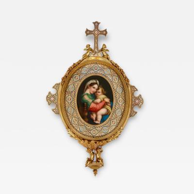 A very fine gilt bronze cloisonn enamel and porcelain holy water stoup
