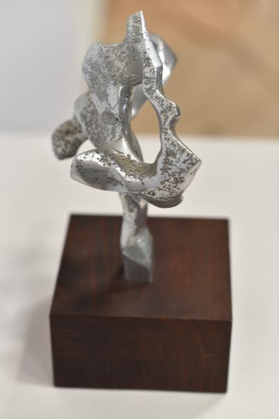 ABSTRACT METAL SCULPTURE on WALNUT BASE