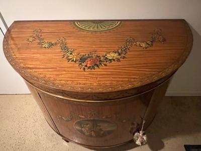 ADAMS ENGLISH SATINWOOD BEAUTIFULLY PAINTED DEMILUNE COMMODE