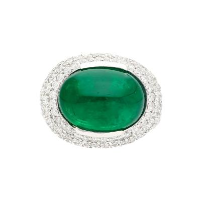 AGL Certified 10 Carat Cabochon Cut Minor Oil Emerald and Diamond Cluster Ring